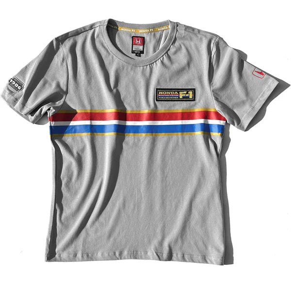 Gray t-shirt with colorful stripes and Honda F1 logo on a white background