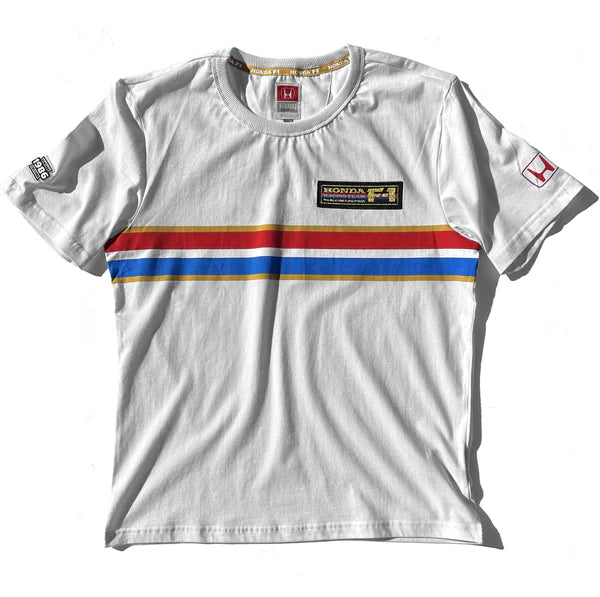 White t-shirt with colorful stripes and Honda F1 logo on a white background