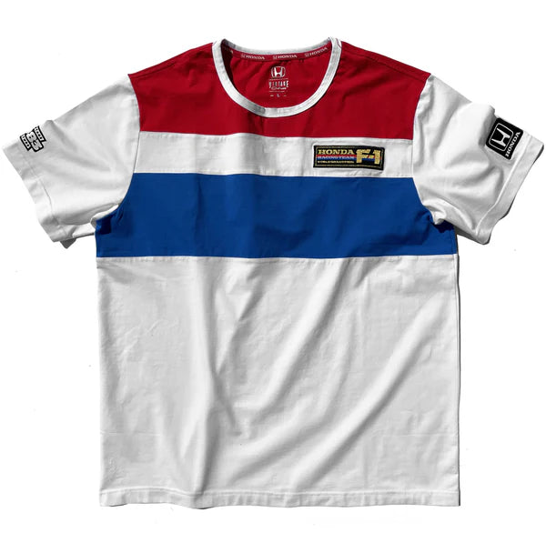 Red, white, and blue sports jersey with Honda logo on a white background
