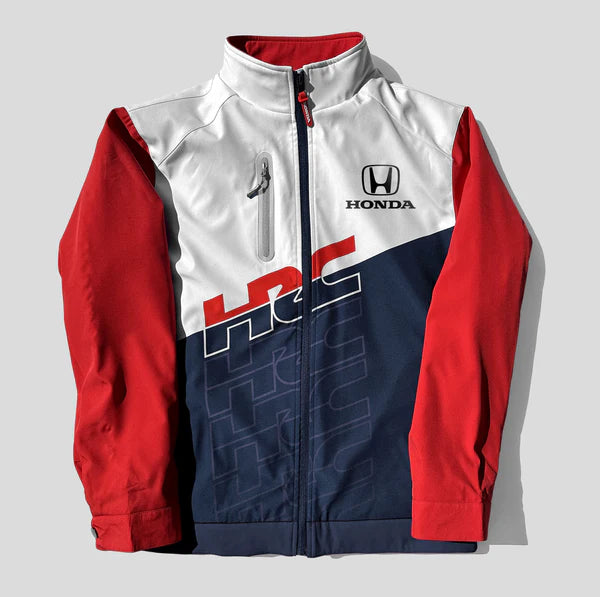 Honda jacket with red and blue design on a gray background