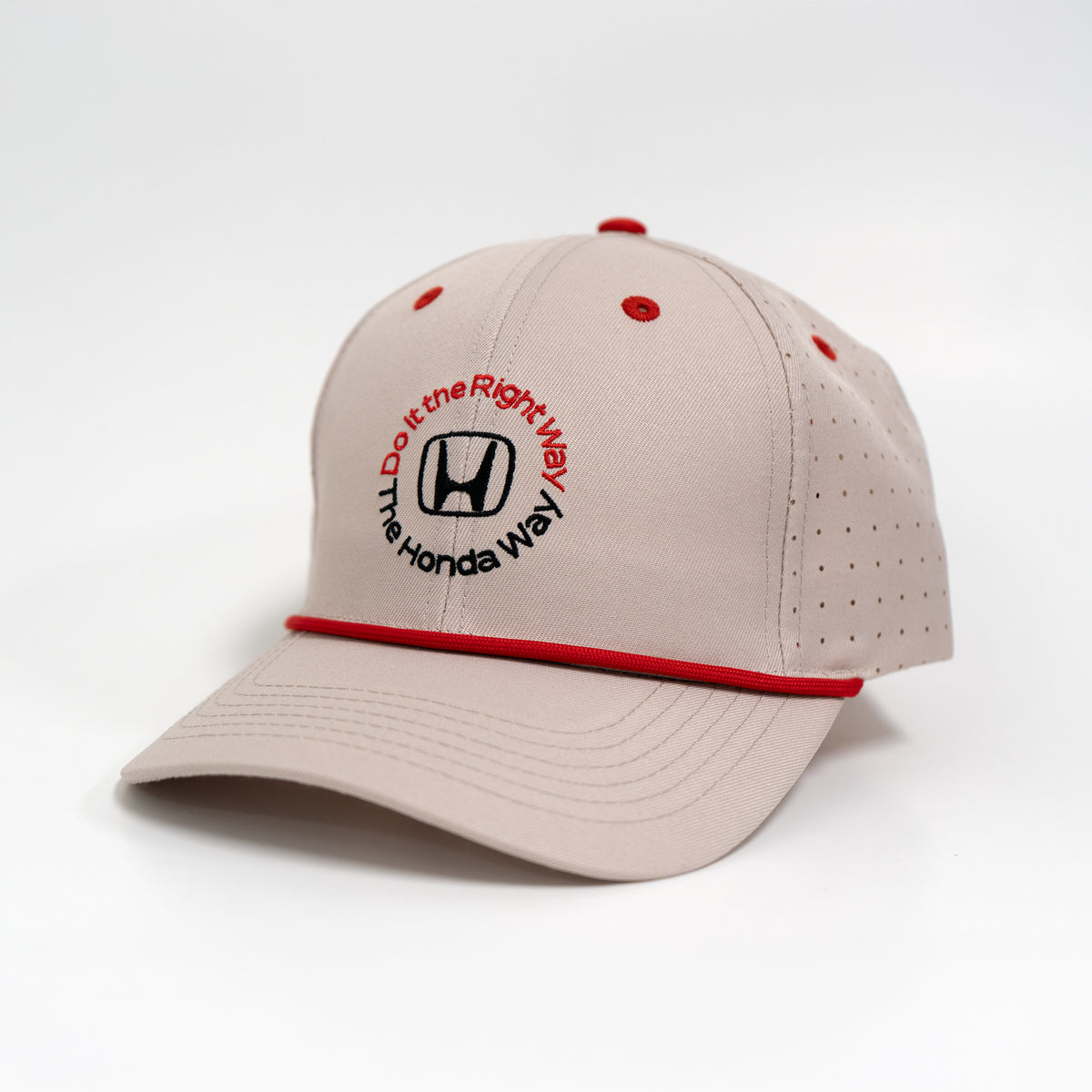 Beige cap with red accents and Honda logo on a white background