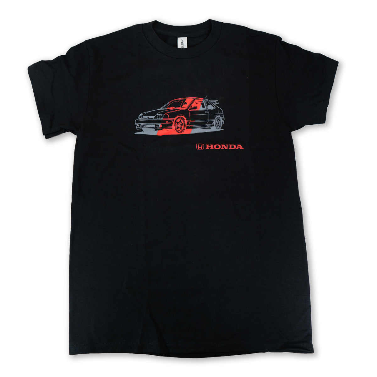 Black t-shirt with a car graphic and Honda logo on a white background
