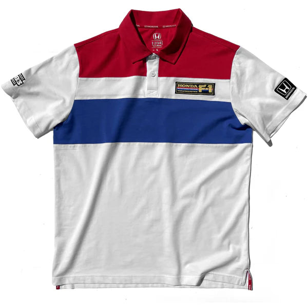 Polo shirt with red, white, and blue color block design on a white background