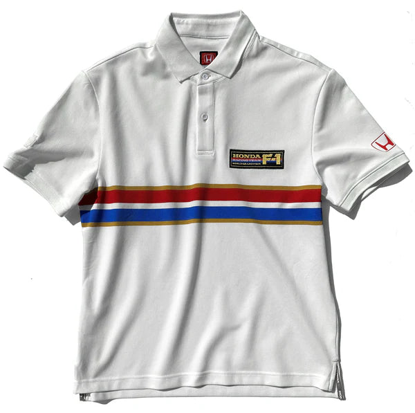 White polo shirt with colorful stripes and logos on a white background