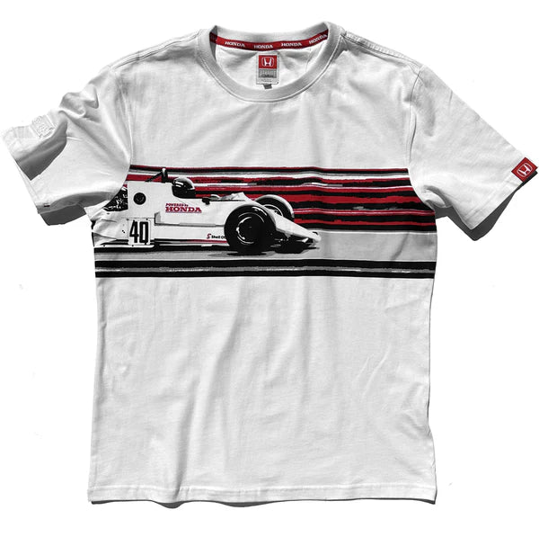 White t-shirt with racing car graphic and Honda branding on a white background