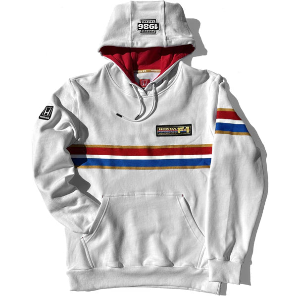 White hoodie with colorful stripes and brand logos on a white background