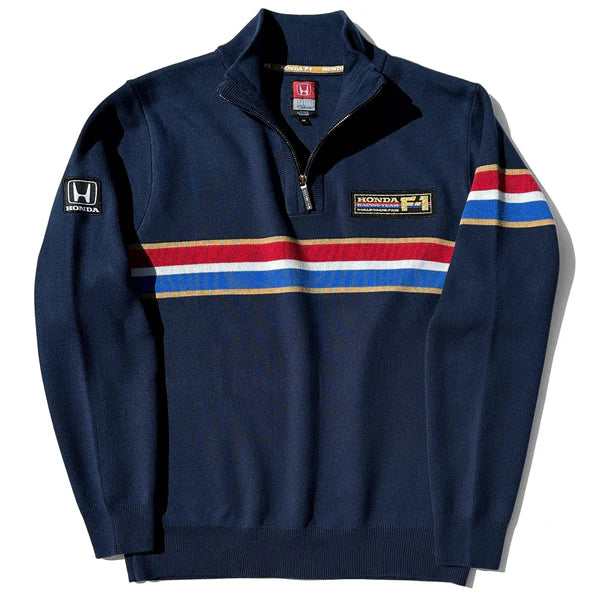 Navy blue sweatshirt with colorful stripes and Honda logos on a white background