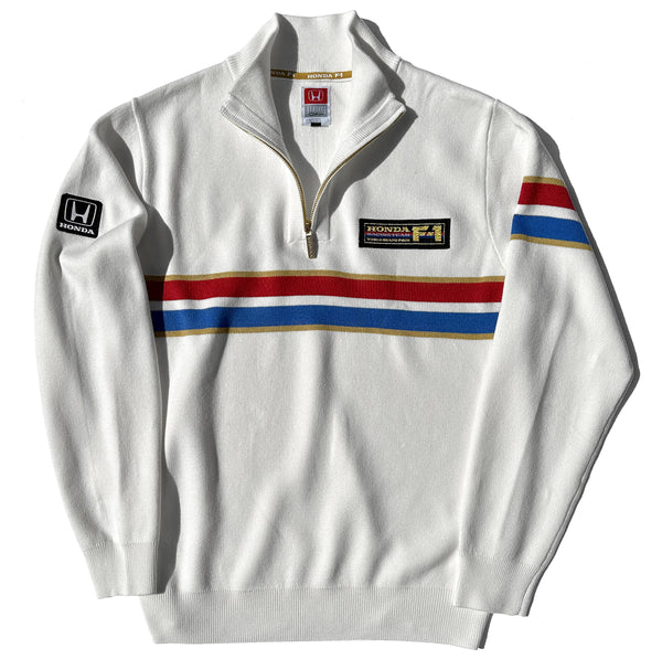 White sweatshirt with colorful stripes and Honda logos on a white background