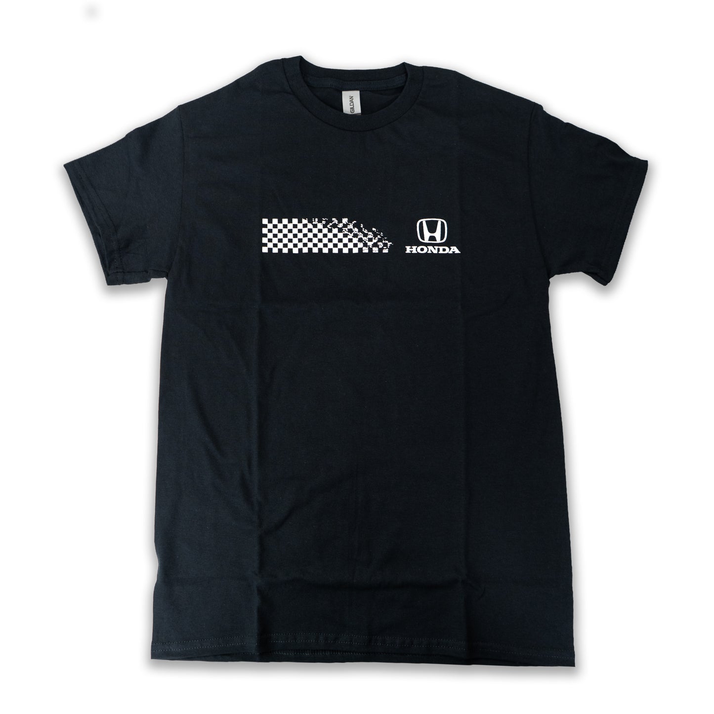 Black t-shirt with Honda logo and checkered pattern on a white background
