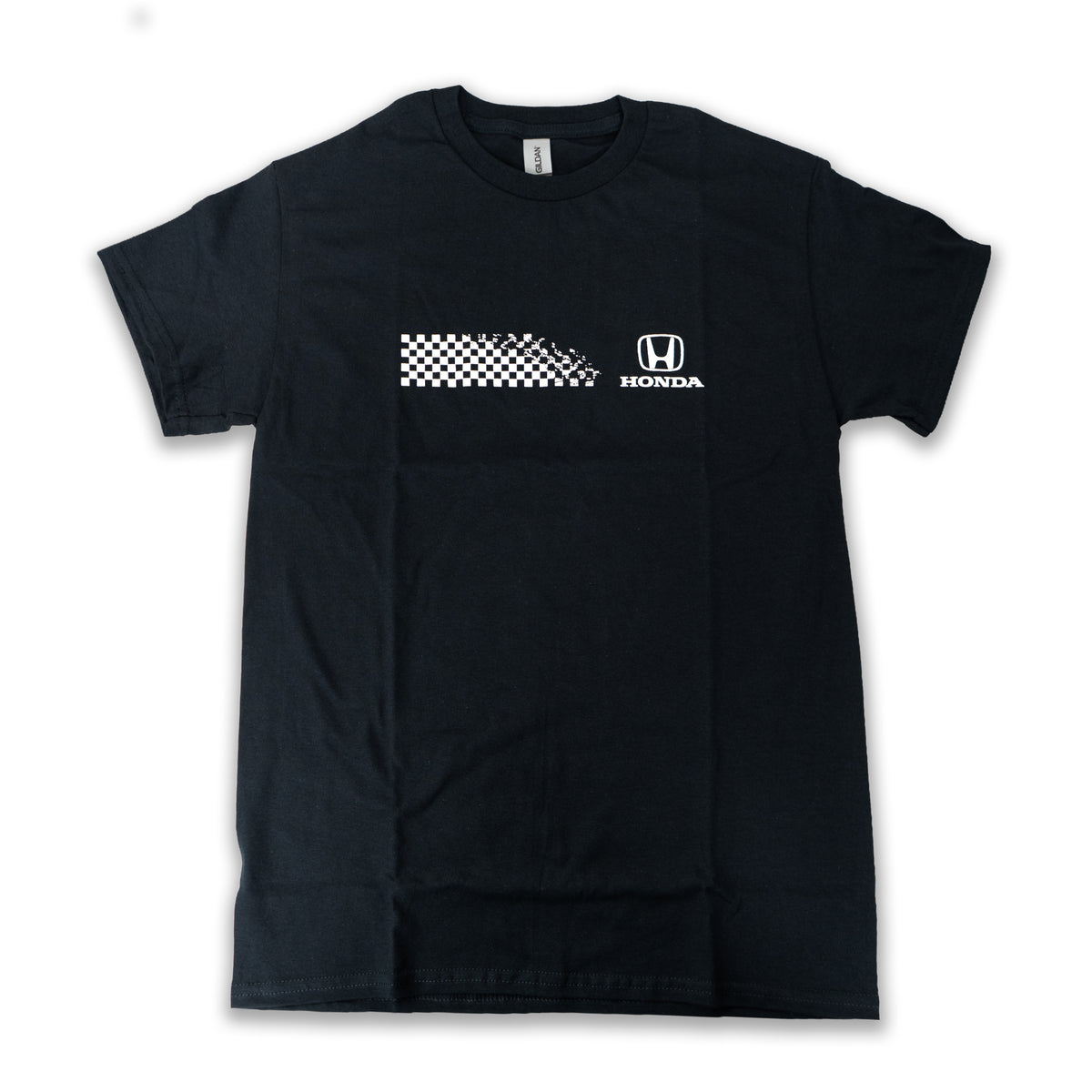 Black t-shirt with Honda logo and checkered pattern on a white background