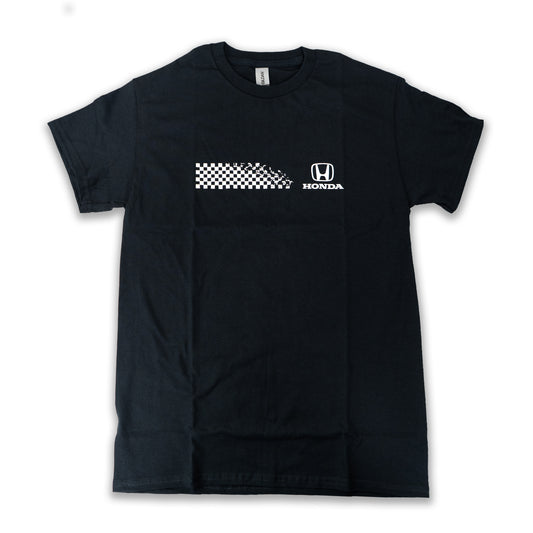 Black t-shirt with Honda logo and checkered pattern on a white background