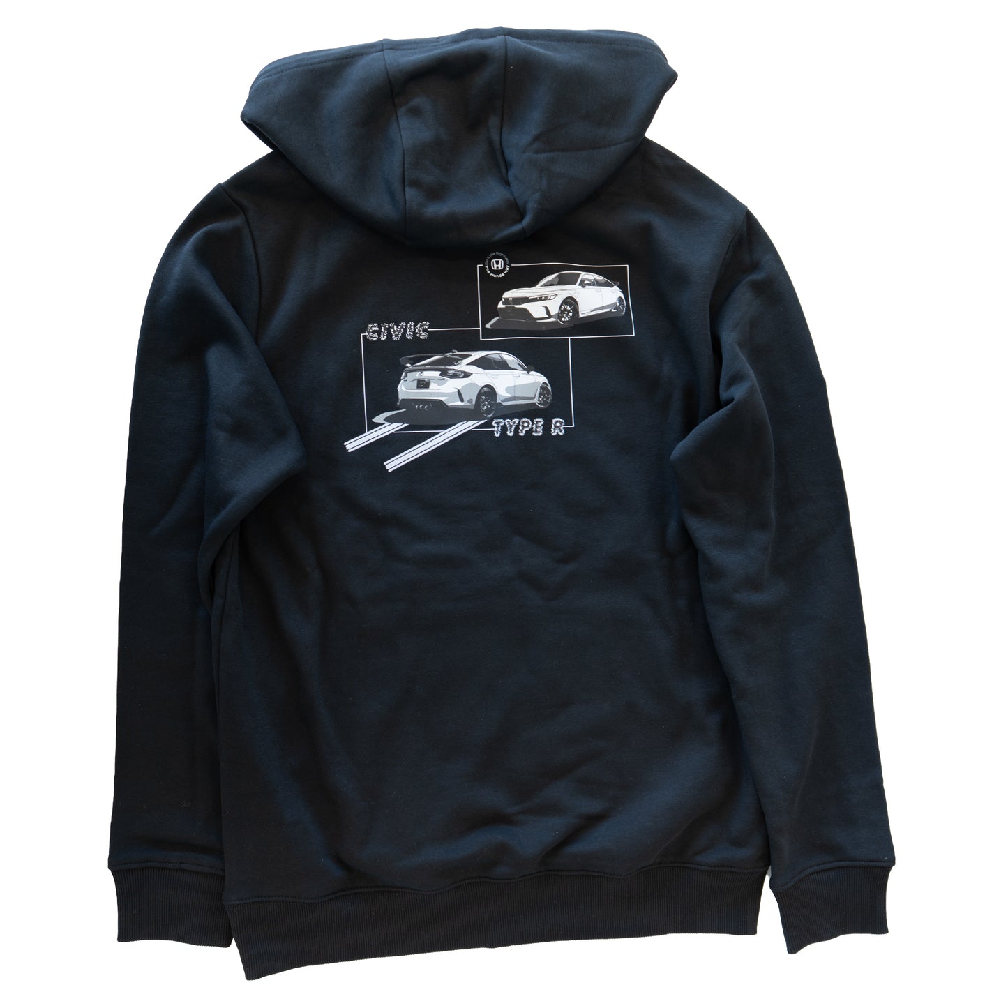 Black hoodie with Civic Type R design on the back against a white background