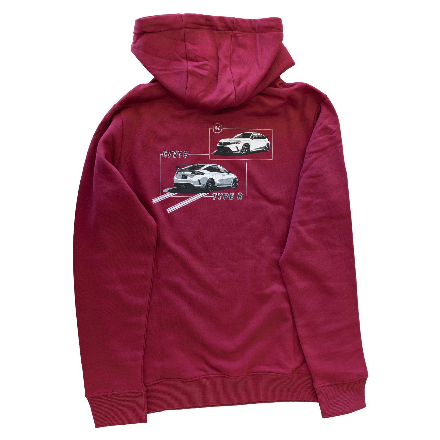 Cardinal hoodie with Civic Type R graphic on the back against a white background
