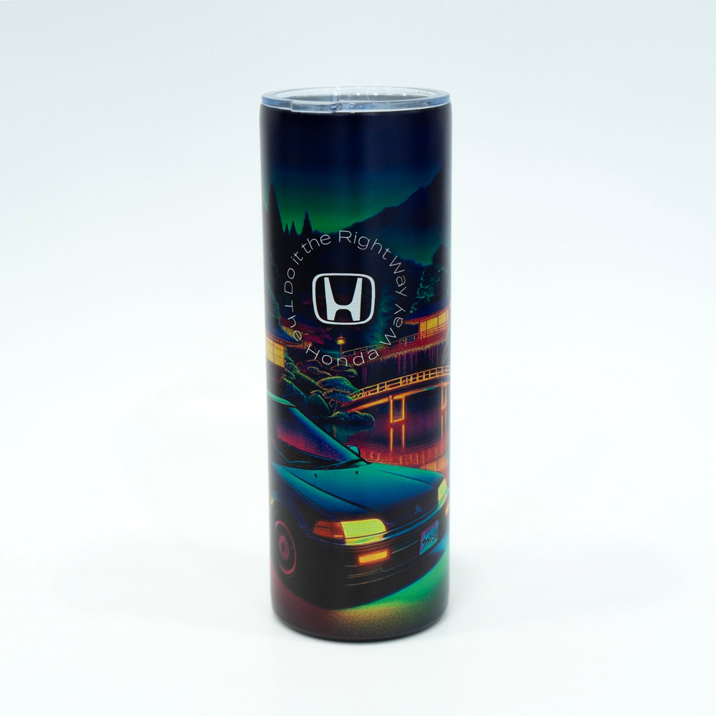 Tumbler with Honda logo and car design on a white background