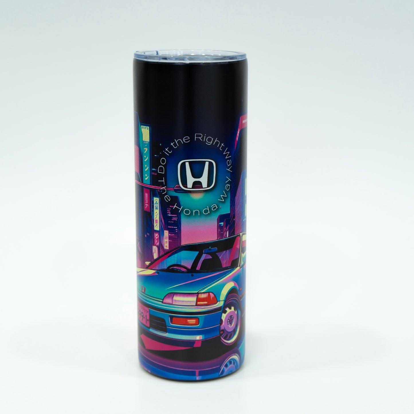 Tumbler with Honda logo and car design on a white background