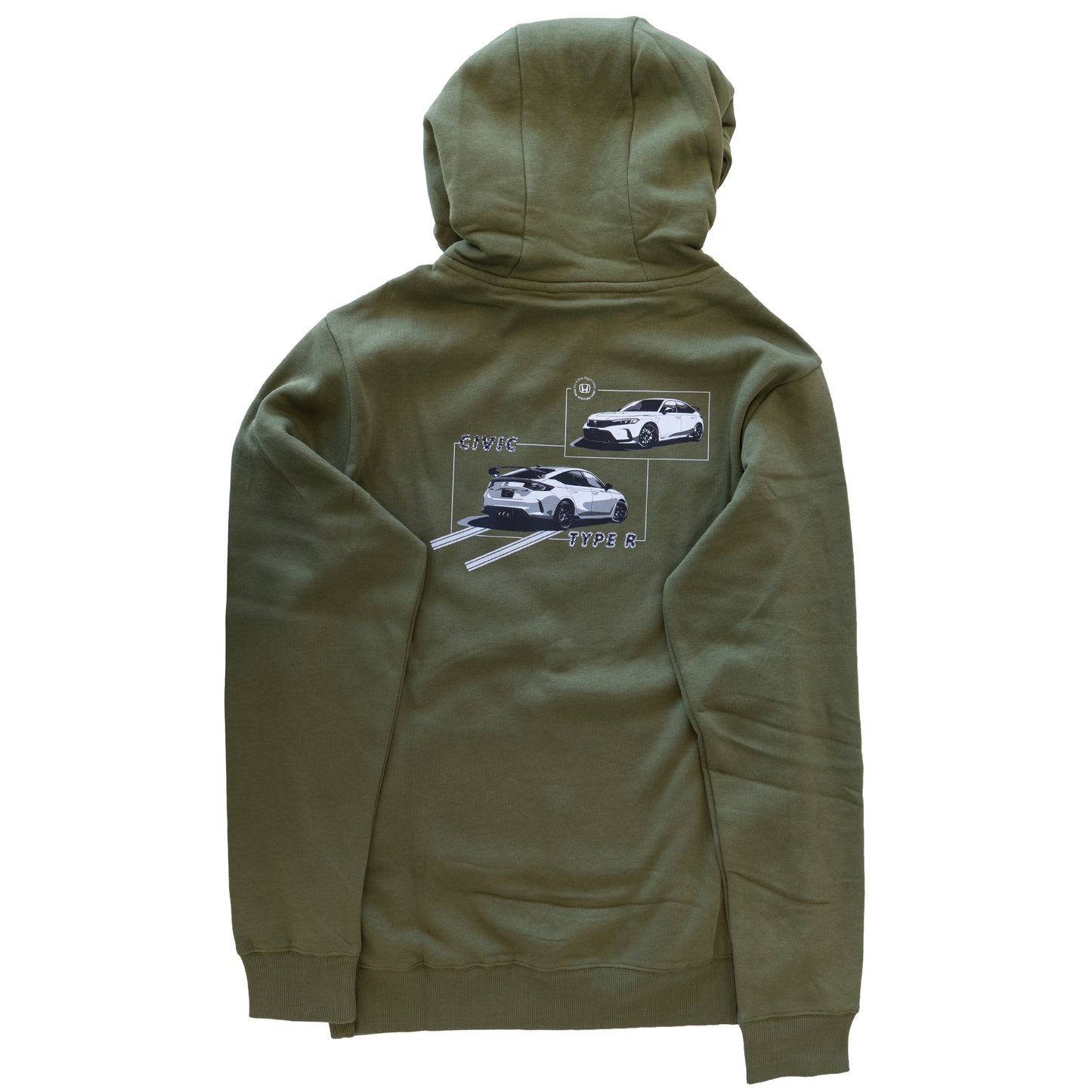 Delta Green hoodie with Civic Type R graphic on the back against a white background