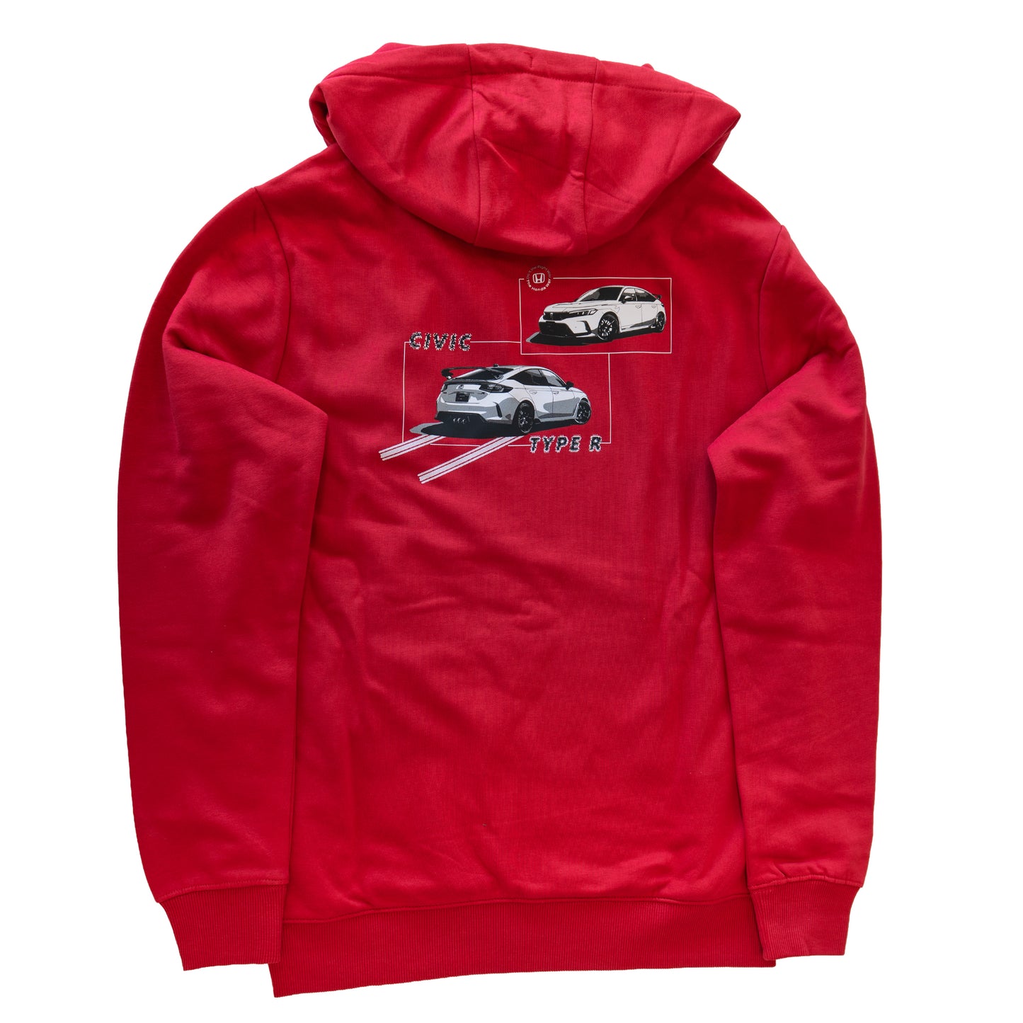 Flame Red hoodie with a Civic Type R graphic on the back against a white background