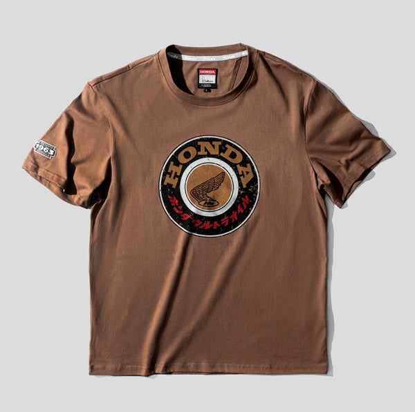 Brown t-shirt with Honda logo on a light gray background