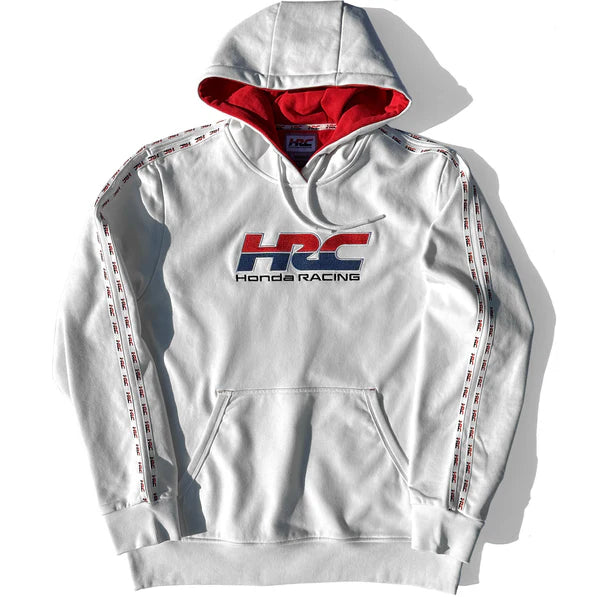 White hoodie with red interior, HRC Honda Racing logo on a white background