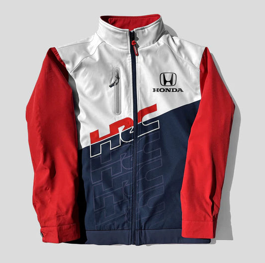 Honda jacket with red and blue design on a gray background