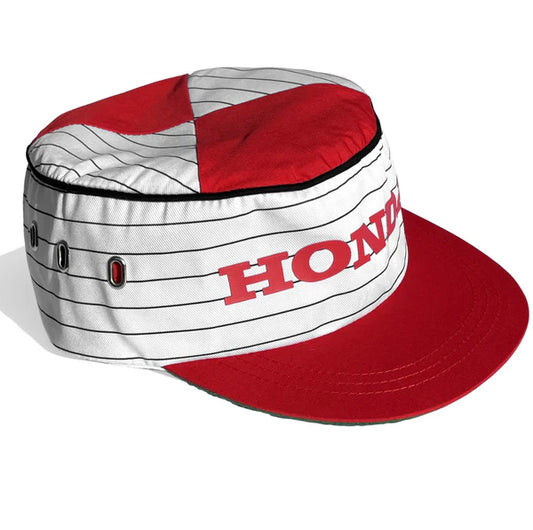 Red and white cap with 'Honda' branding on a white background