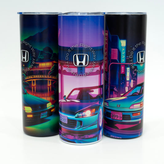 Three cylindrical Honda-themed tumbler designs with car illustrations on a white background.