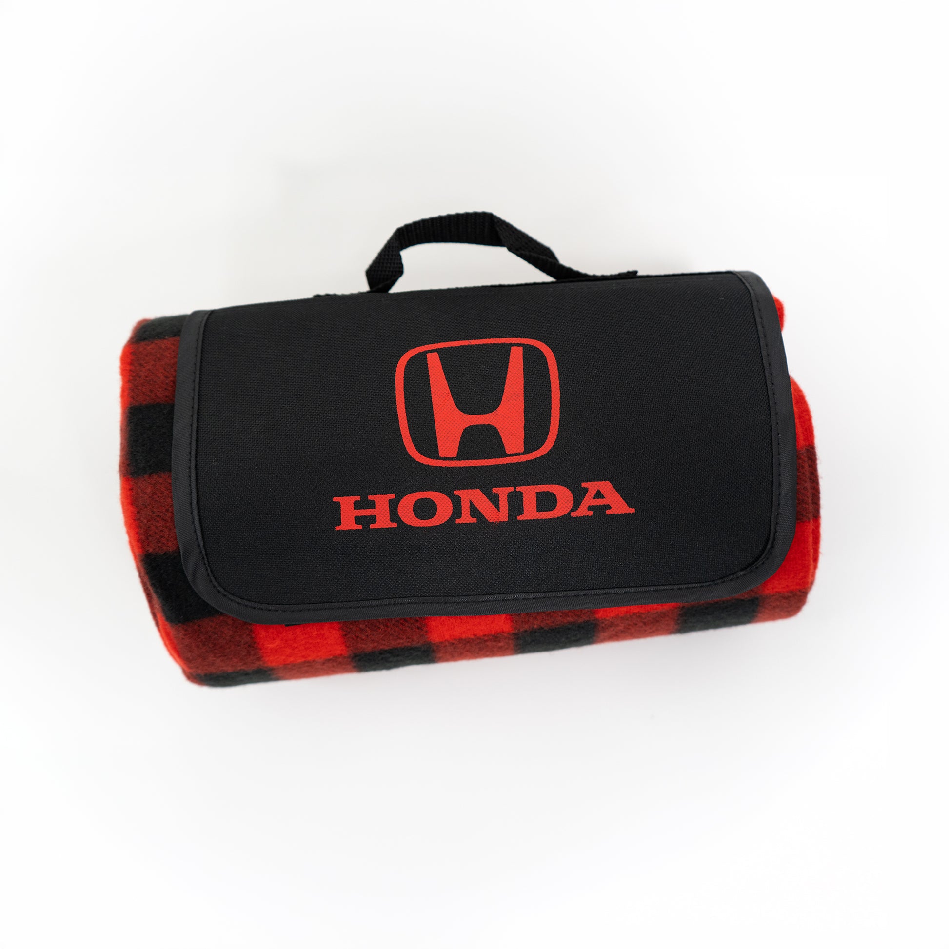 Honda branded picnic blanket with red and black checkered pattern on a white background