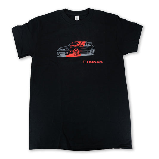 Black t-shirt with a car graphic and Honda logo on a white background