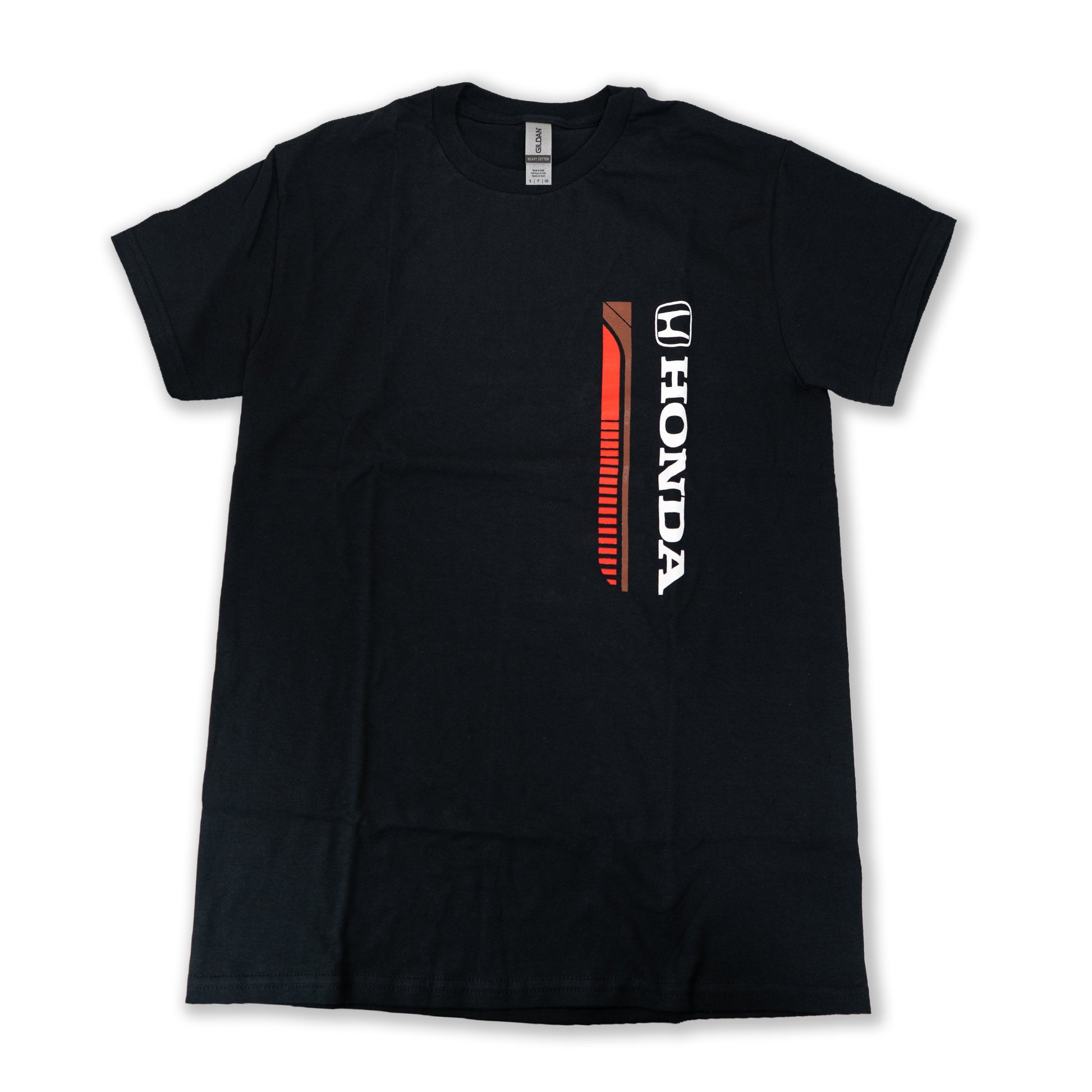 Black t-shirt with Honda logo and design on a white background