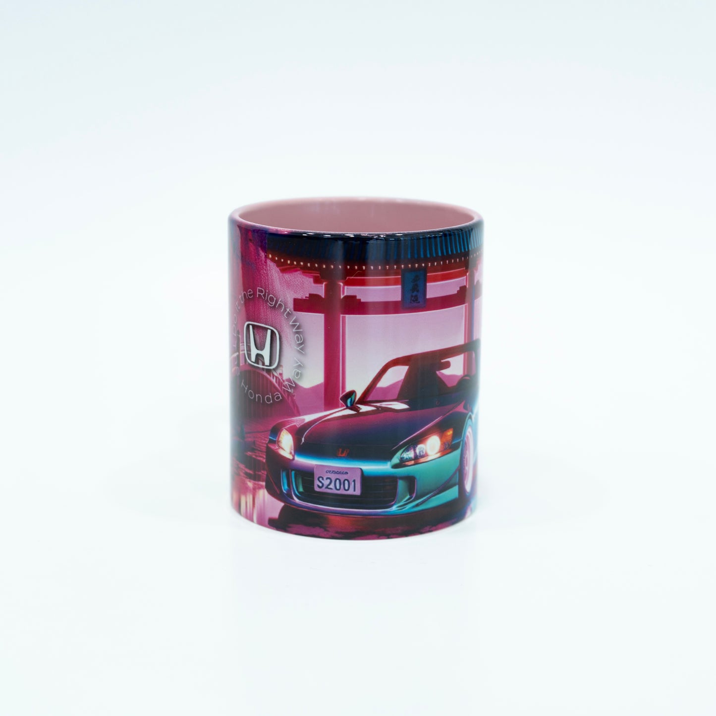 Mug with car design and Honda logo on a white background