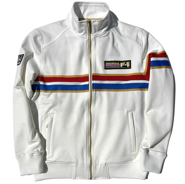 White jacket with colorful stripes and Honda logo on a white background