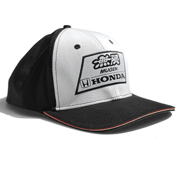 Black and white cap with Mugen Honda logo on a white background