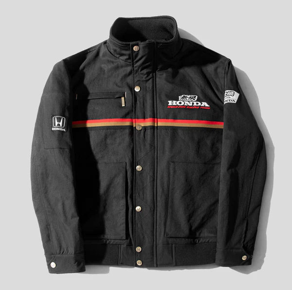 Black jacket with Honda logos on a light gray background