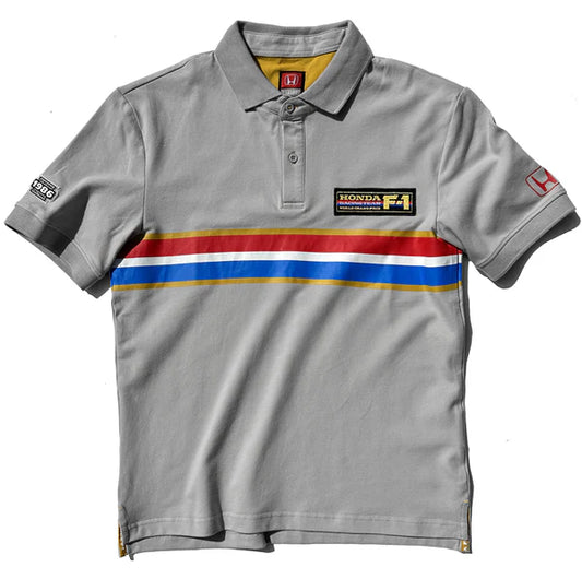 Gray polo shirt with colorful stripes and Honda F1 logo on a white background