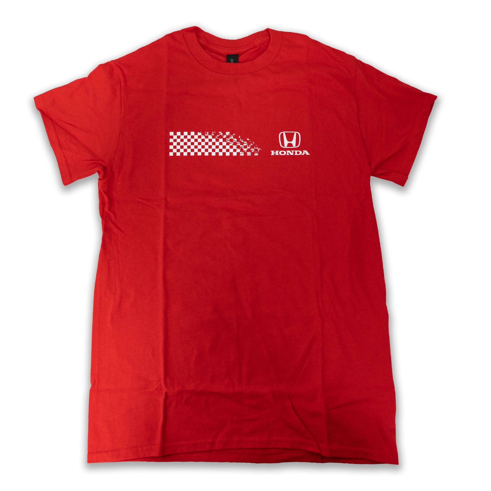 Red t-shirt with Honda logo and checkered pattern on a white background