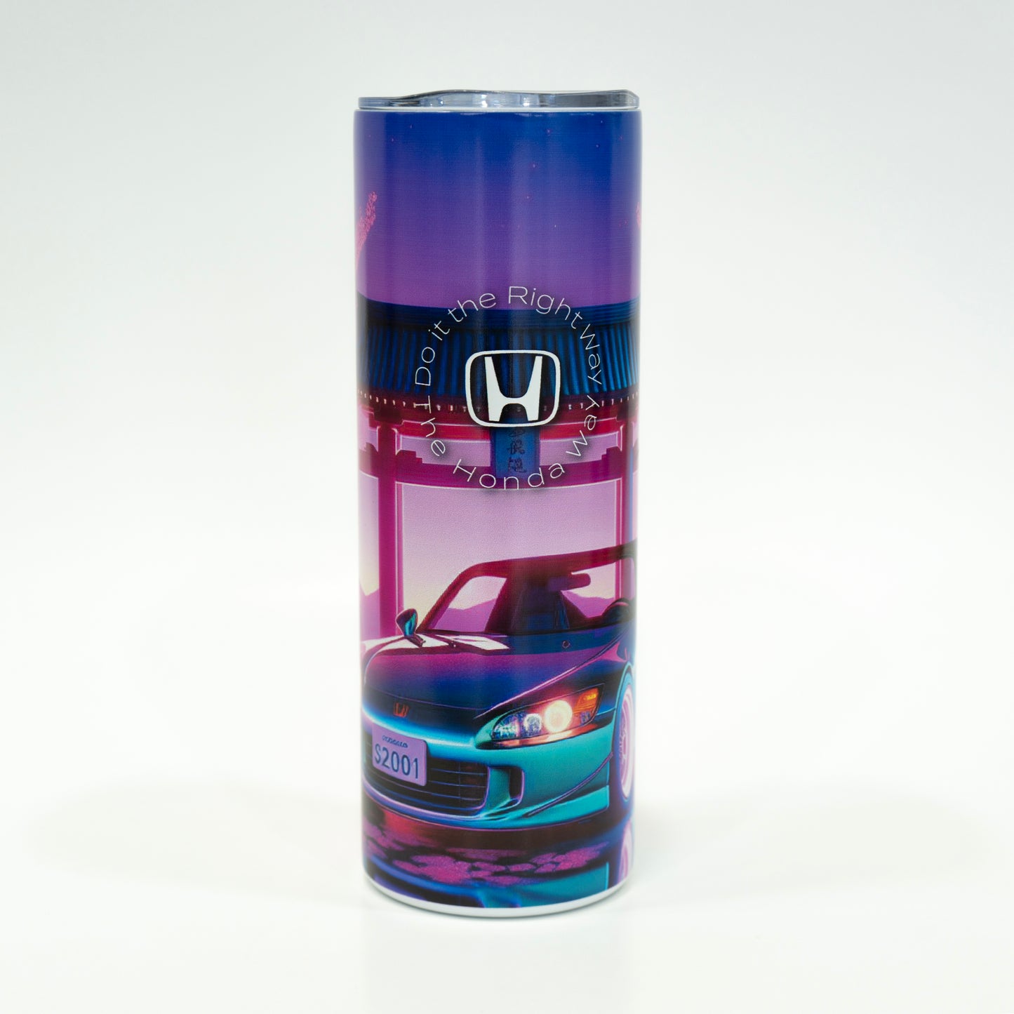 Cylindrical Honda product packaging with car illustration on a white background