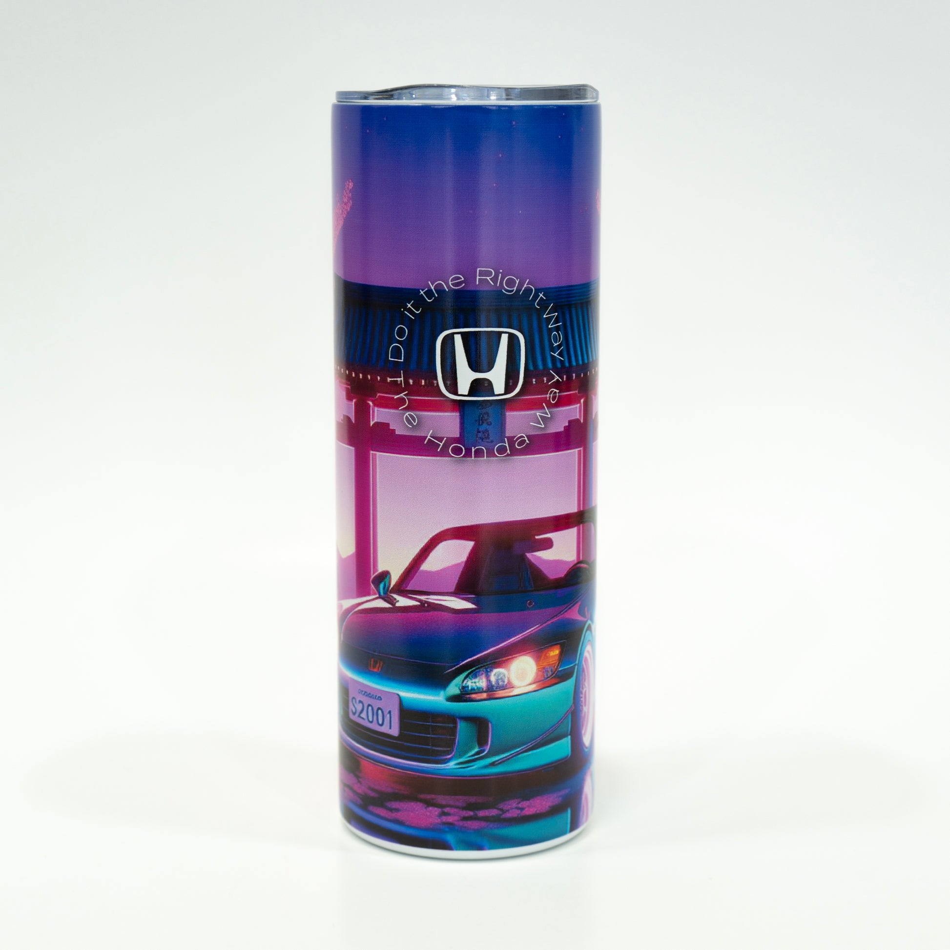 Cylindrical Honda product packaging with car illustration on a white background