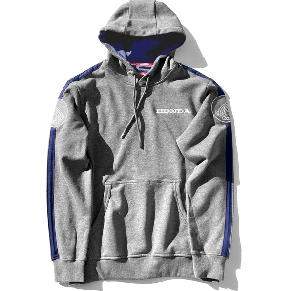Gray hoodie with blue accents and Honda branding on a white background