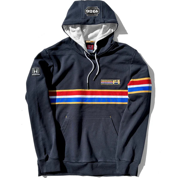Navy hoodie with colorful stripes and Honda logo on a white background