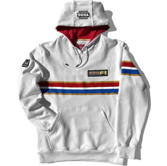 White hoodie with colorful stripes and brand logos on a white background