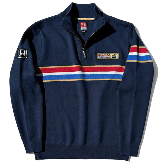 Navy blue sweatshirt with colorful stripes and Honda logos on a white background