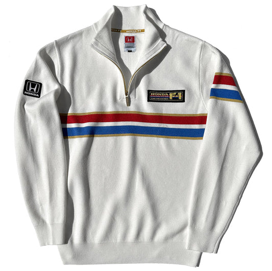 White sweatshirt with colorful stripes and Honda logos on a white background